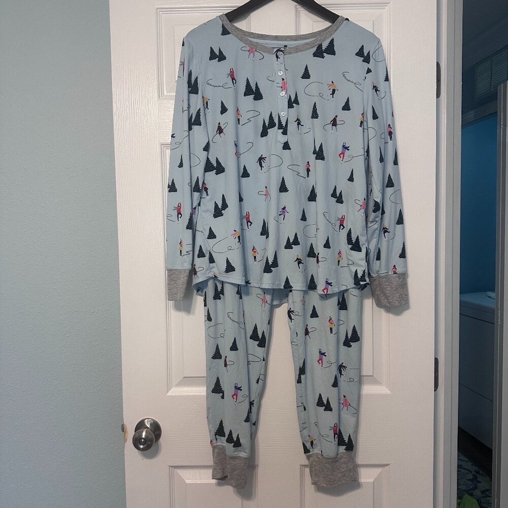 Kate Spade Holiday Christmas Skating Winter Blue Gray Jogger Pajamas Size XL